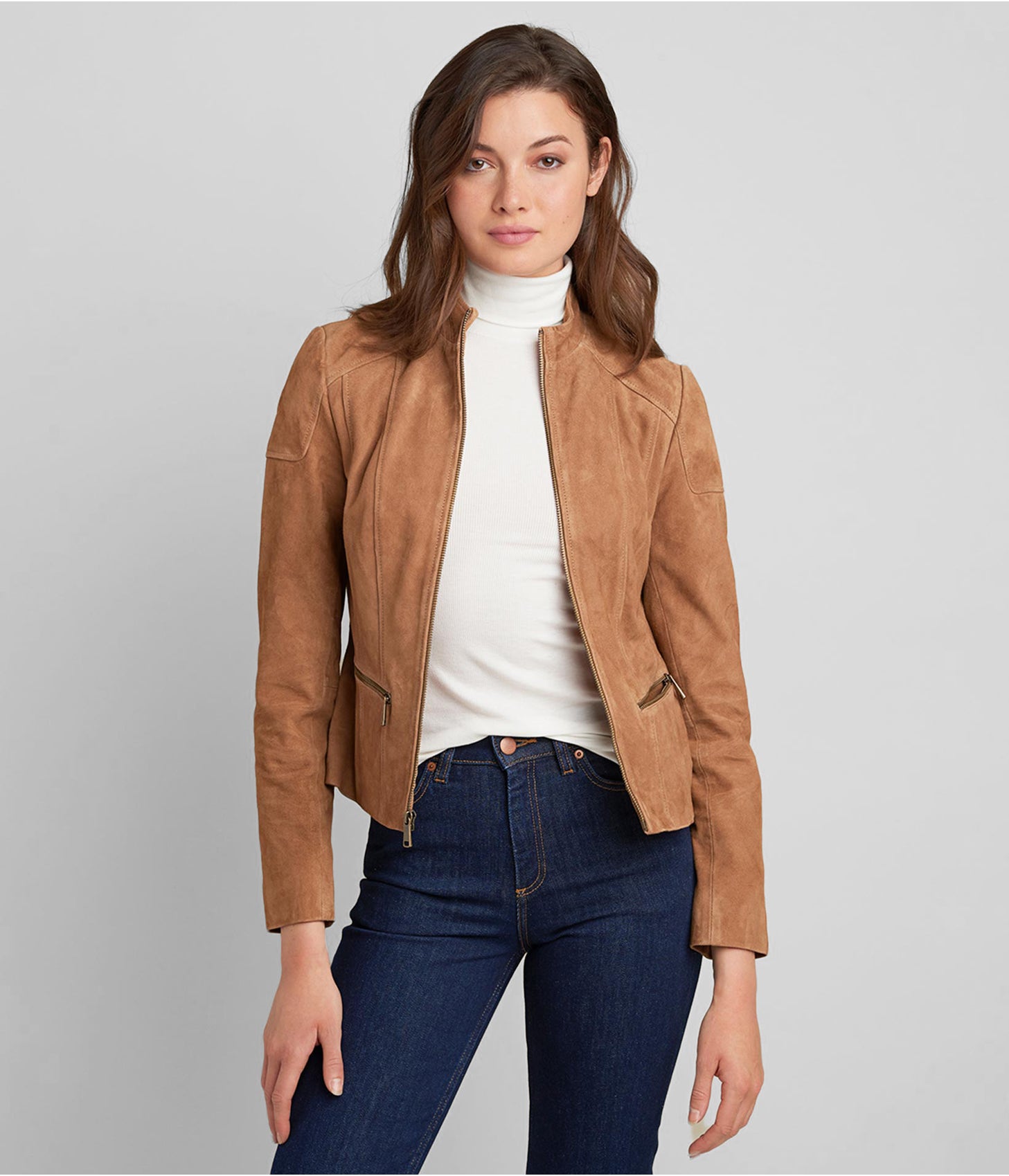 Women's Suede Leather Biker Jacket In Tan Brown