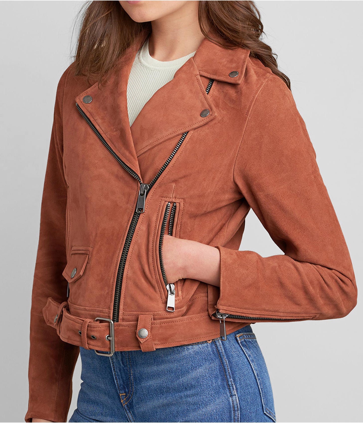 Women's Tan Brown Suede Leather Biker Jacket