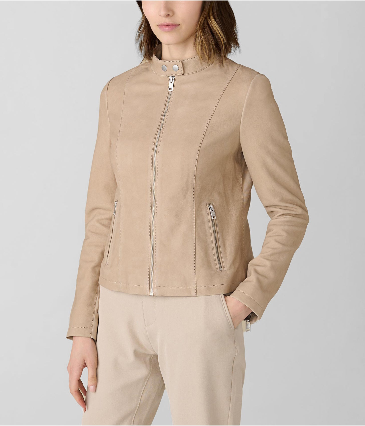 Women's Suede Leather Moto Jacket In Beige