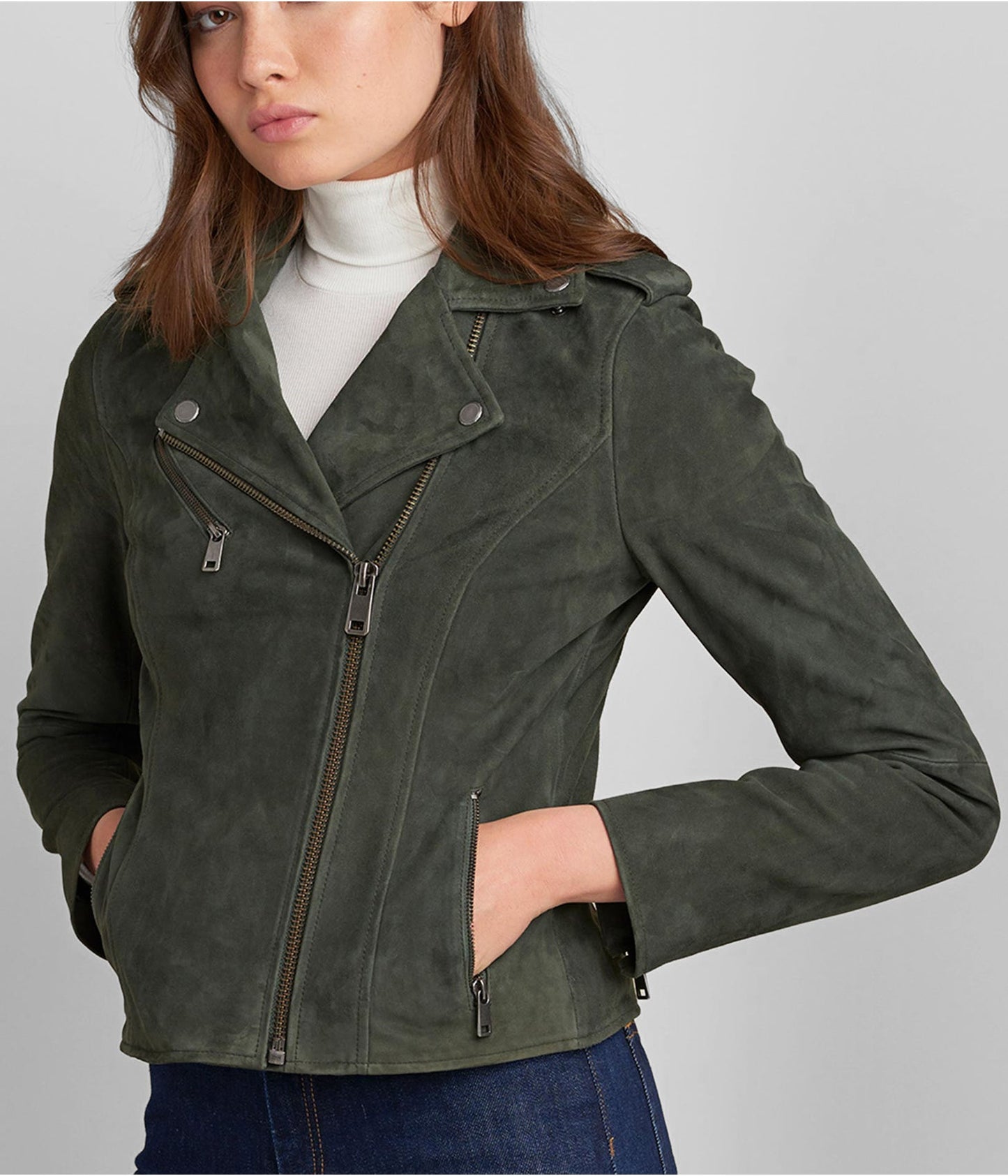 Women's Suede Leather Moto Jacket In Olive
