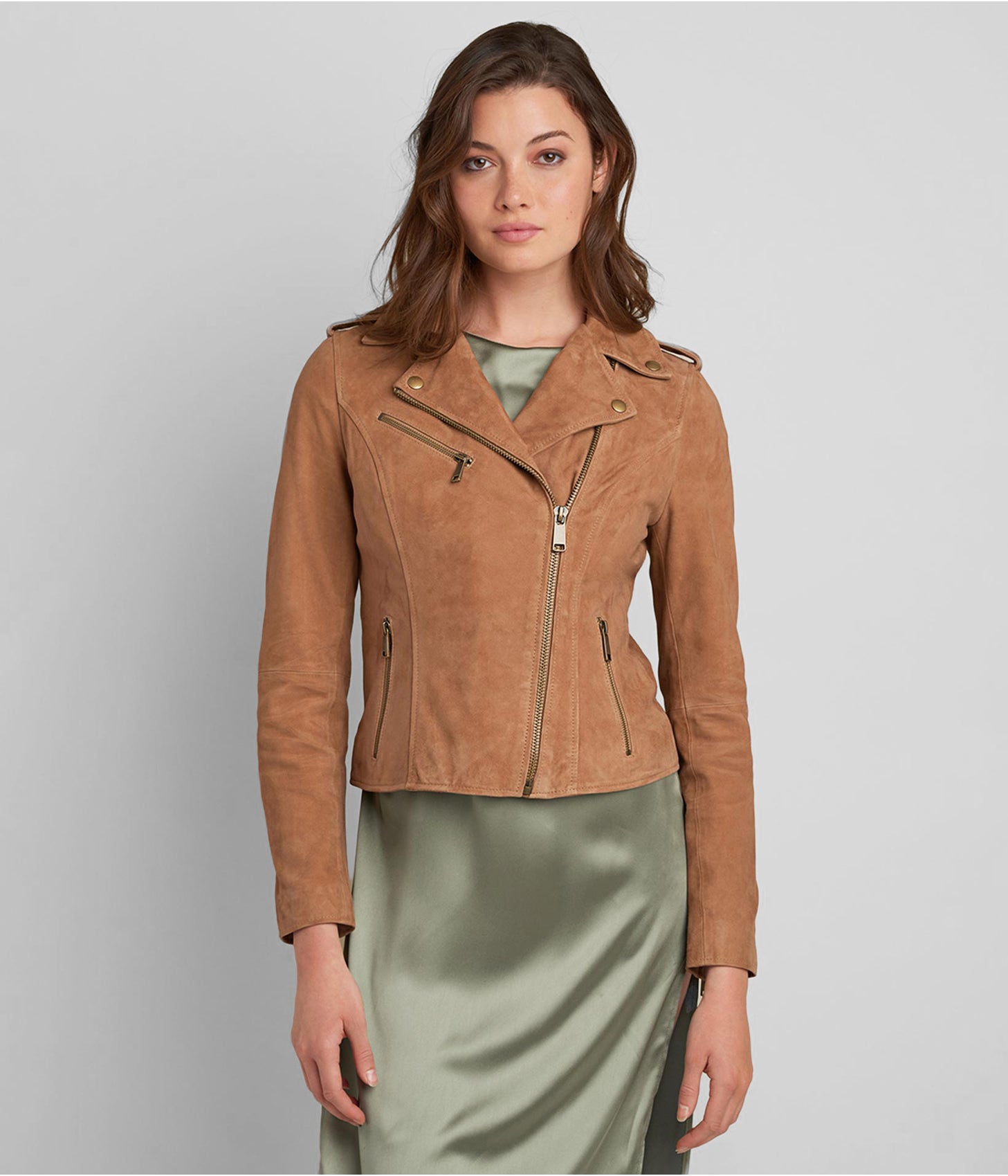 Women's Suede Leather Moto Jacket In Tan Brown