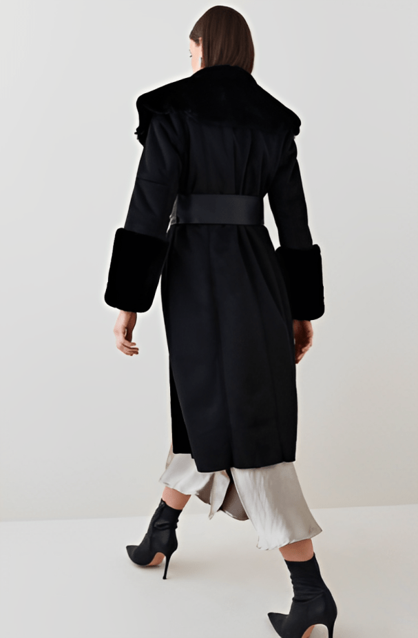 Women's Suede Leather Shearling Coat In Black With Fur Collar