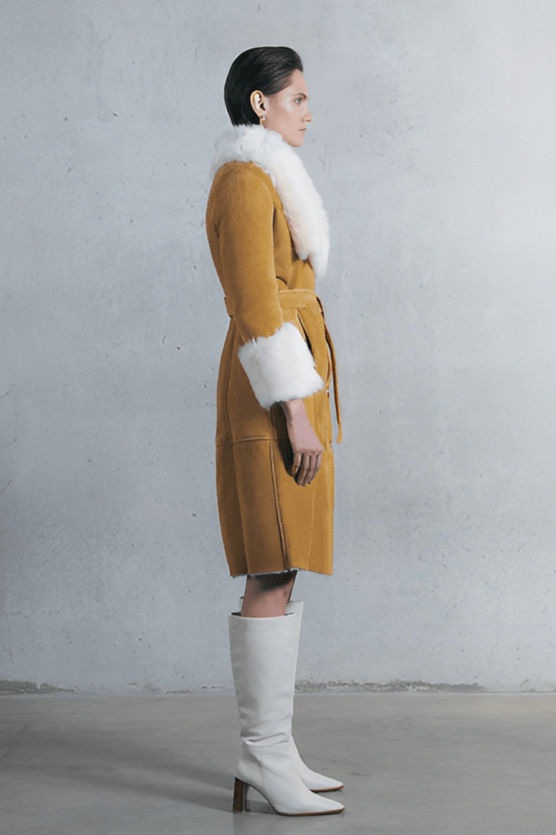 Women's Suede Leather Shearling Coat In Golden Brown
