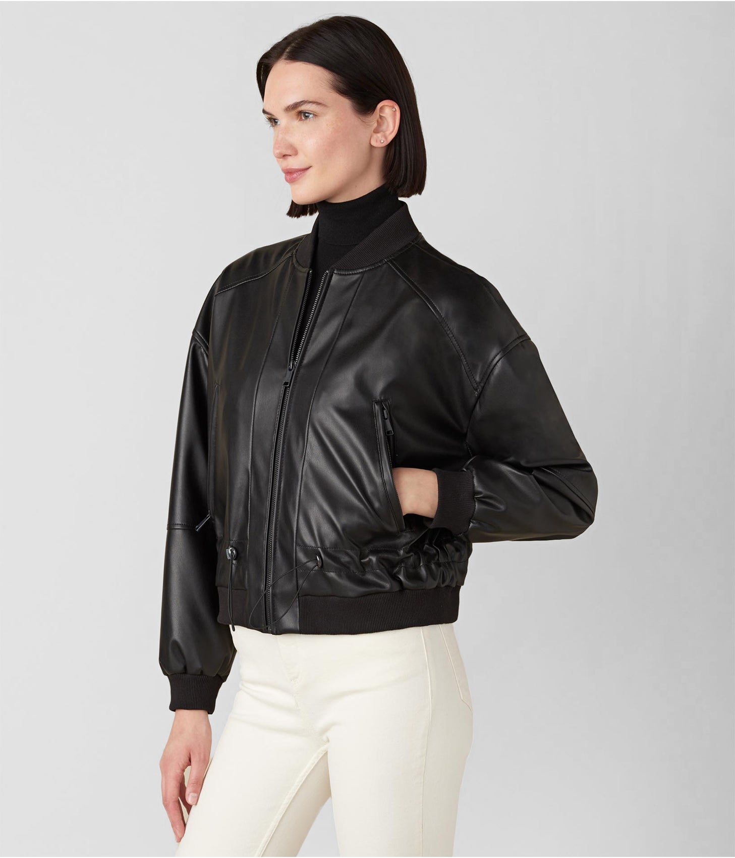 Women's Leather Bomber Jacket In Black