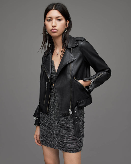 Women's Biker Leather Jacket In Black With Belt