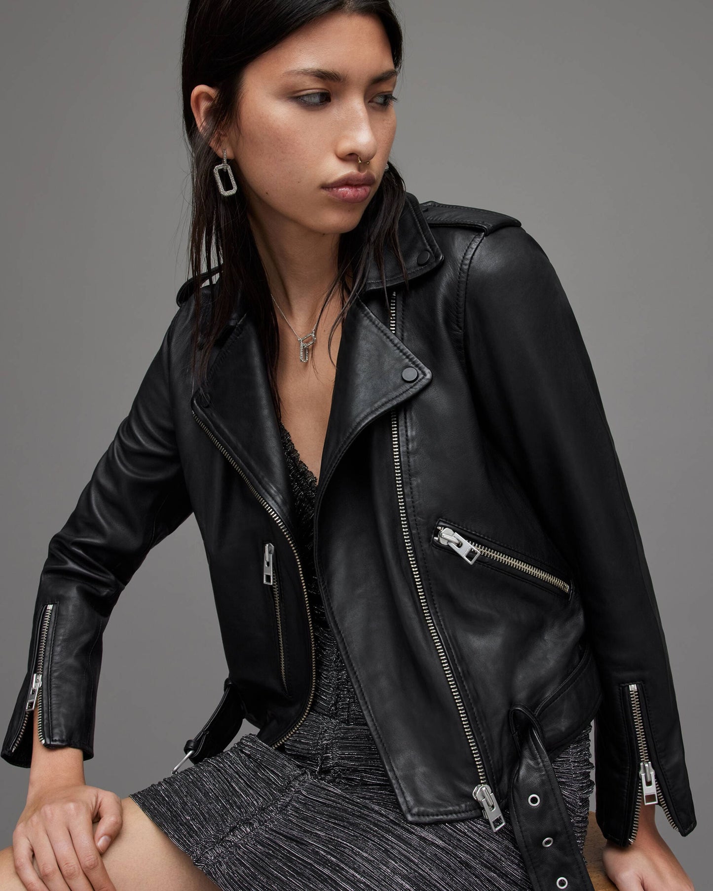 Women's Biker Leather Jacket In Black With Belt