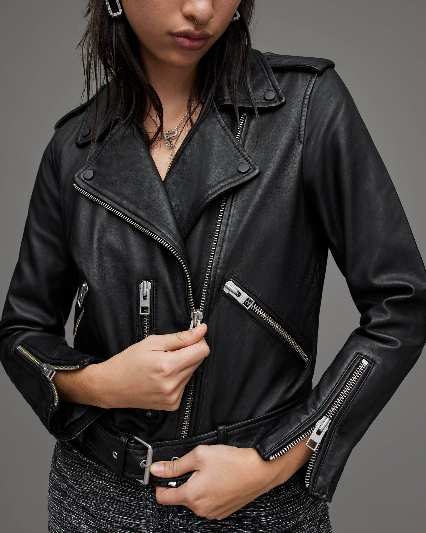 Women's Biker Leather Jacket In Black With Belt
