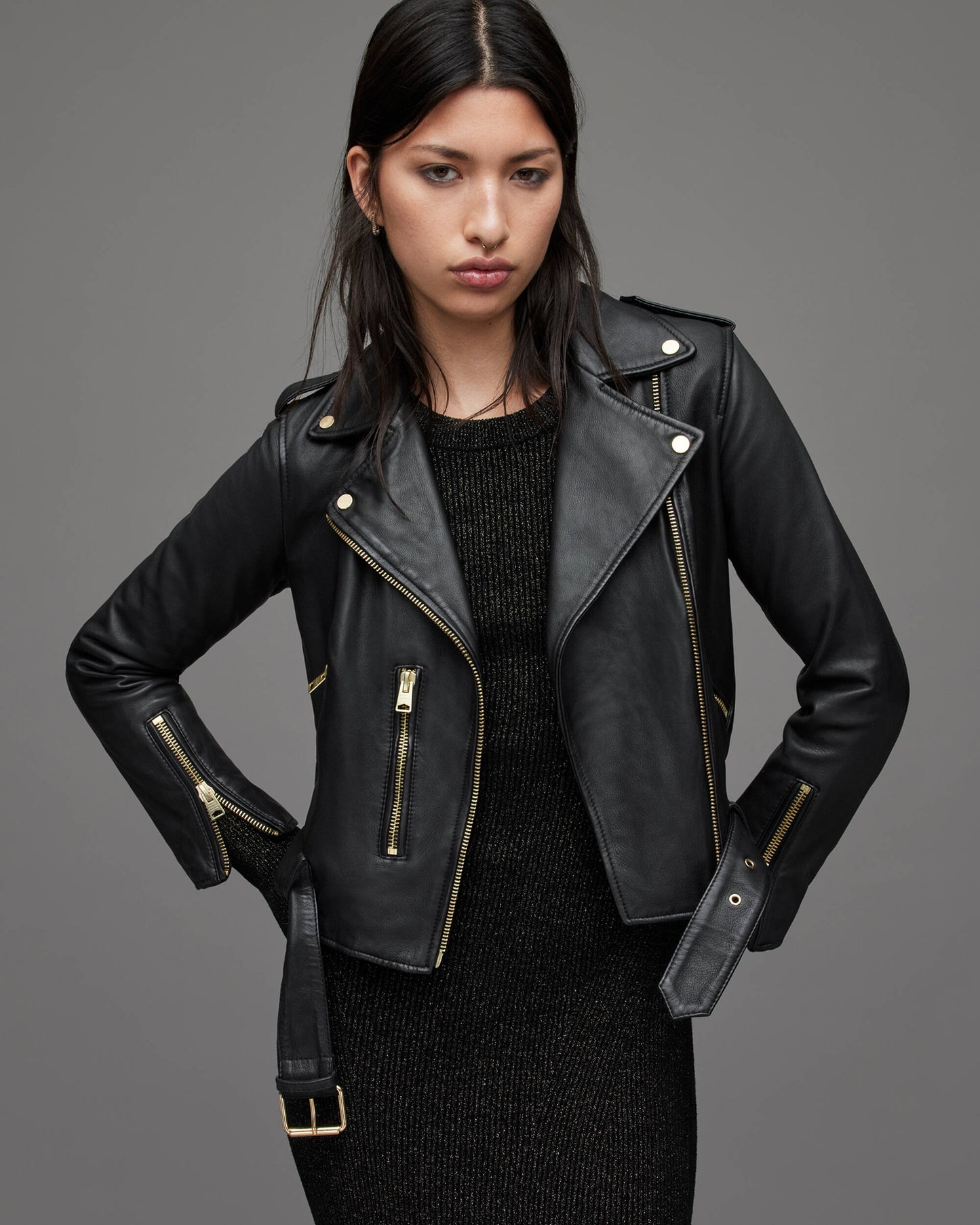 Women's Biker Leather Jacket In Black With Gold Tone Zippers