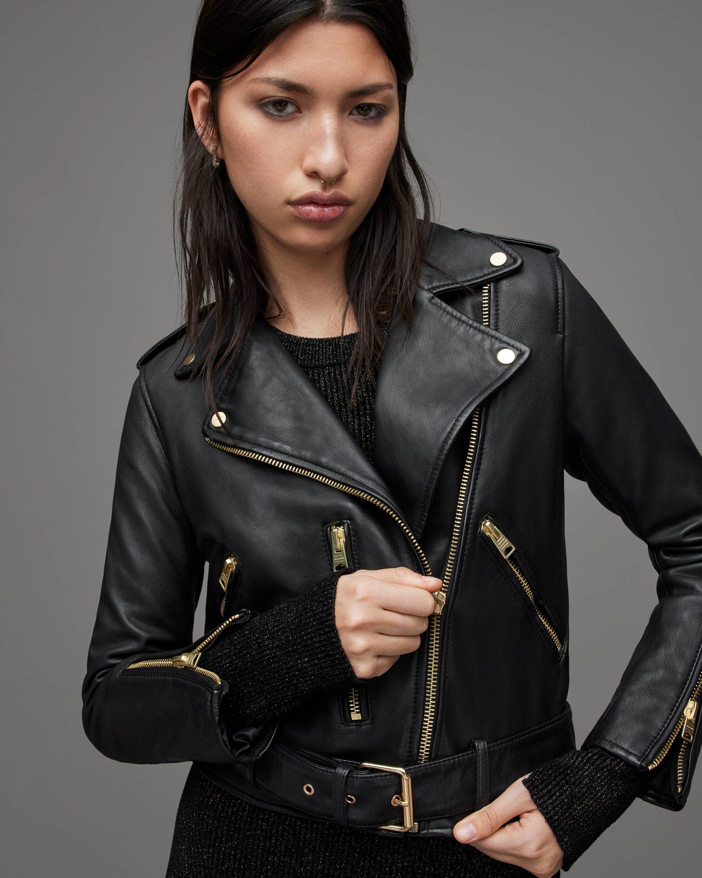 Women's Biker Leather Jacket In Black With Gold Tone Zippers