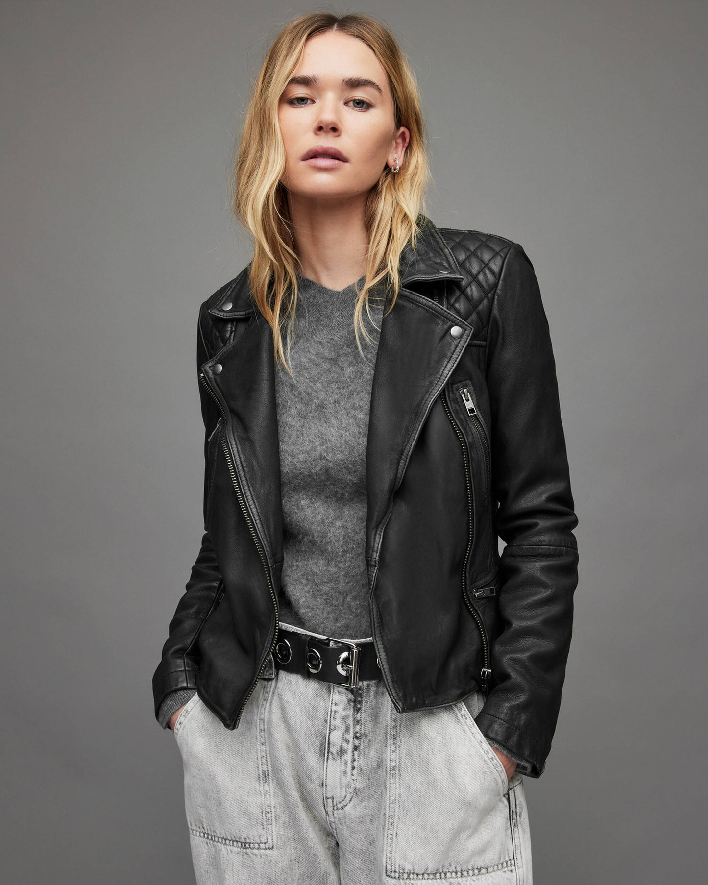 Women's Biker Leather Jacket In Black With Quilted Shoulders