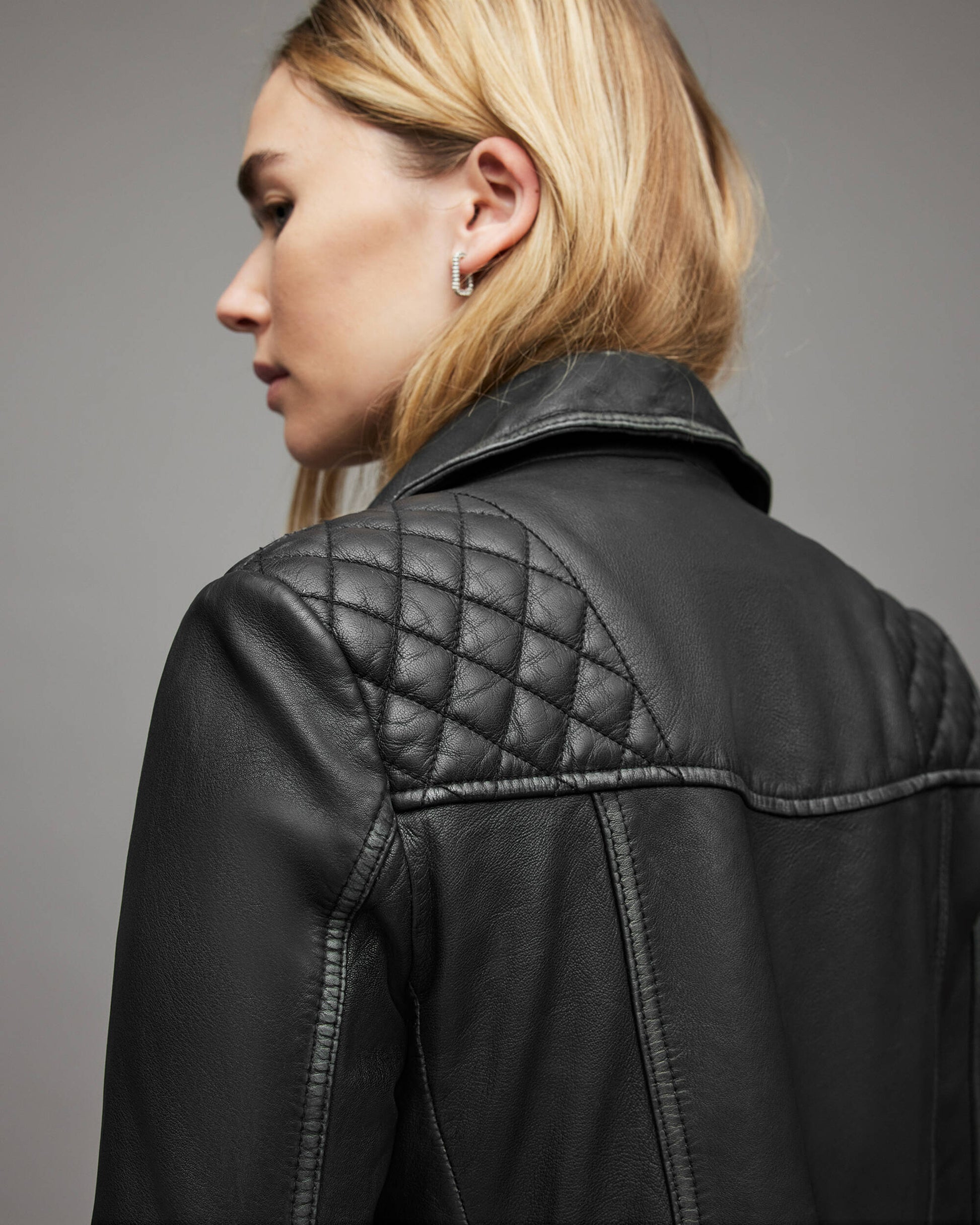 Women's Biker Leather Jacket In Black With Quilted Shoulders