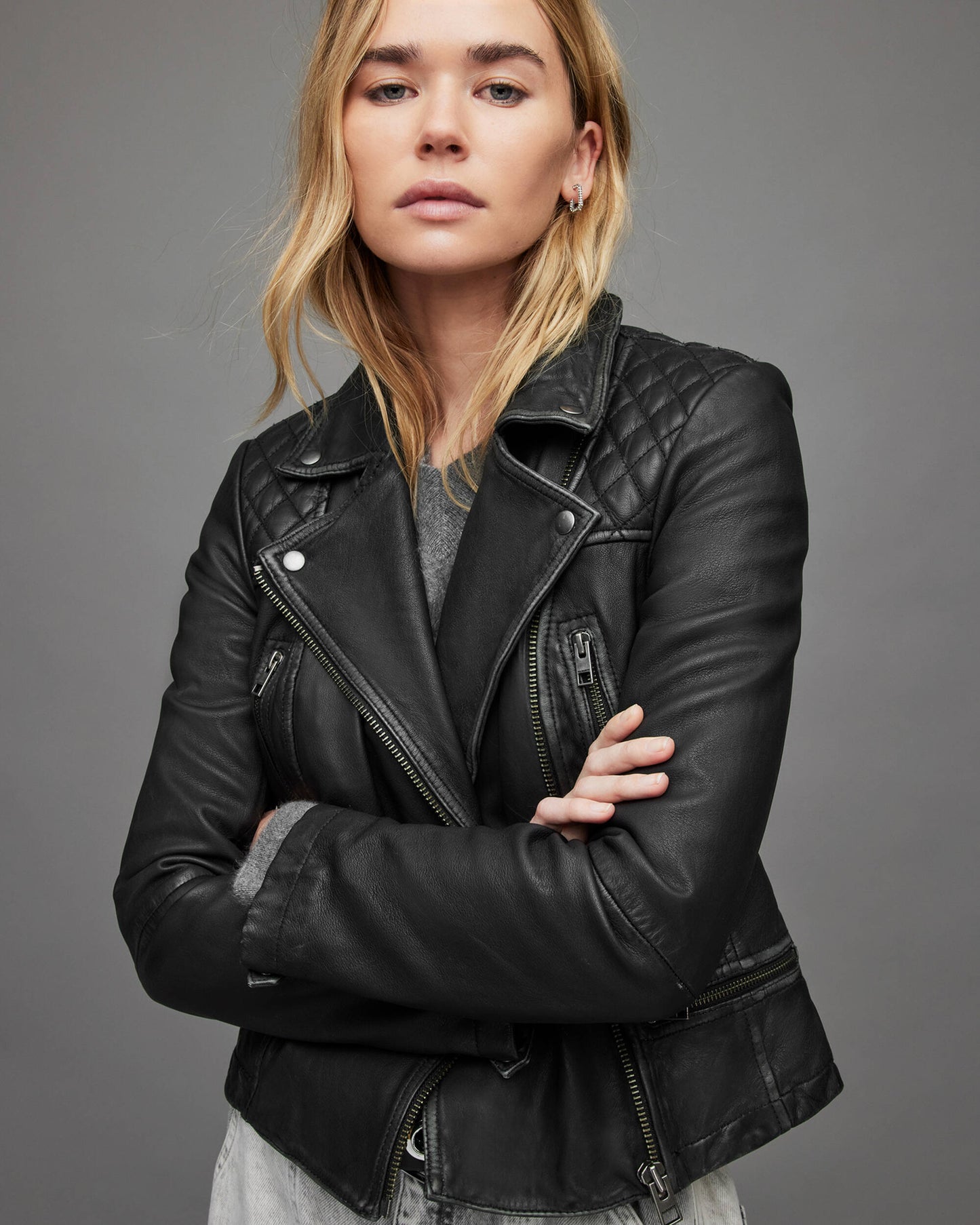 Women's Biker Leather Jacket In Black With Quilted Shoulders