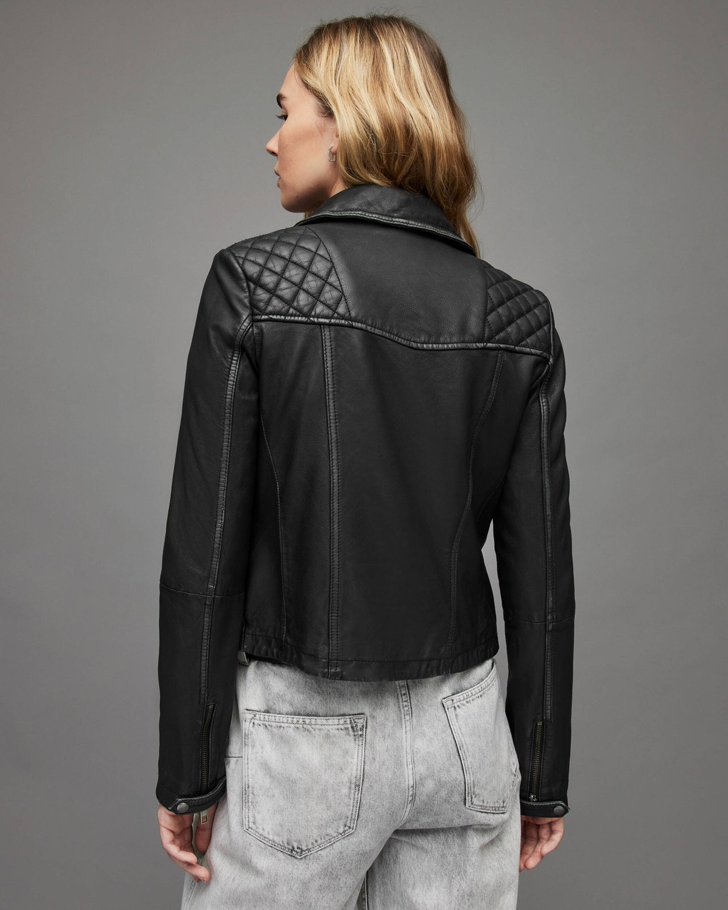 Women's Biker Leather Jacket In Black With Quilted Shoulders