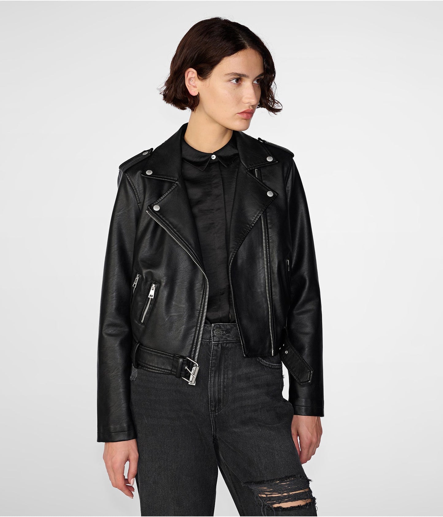Women's Biker Leather Jacket In Black