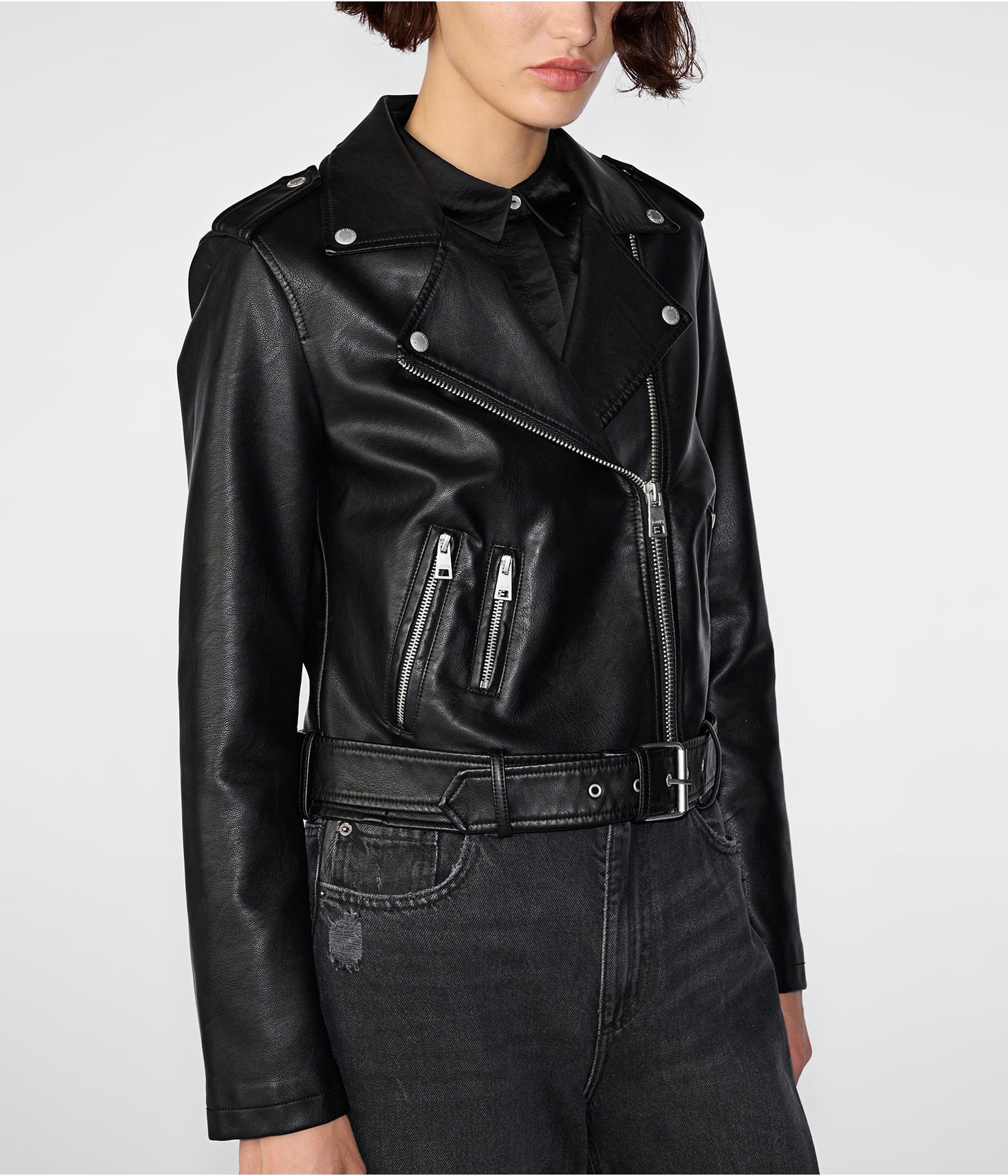 Women's Biker Leather Jacket In Black