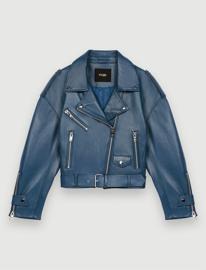 Women's Biker Leather Jacket In Blue With Belt