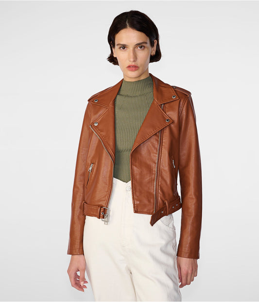 Women's Biker Leather Jacket In Brown