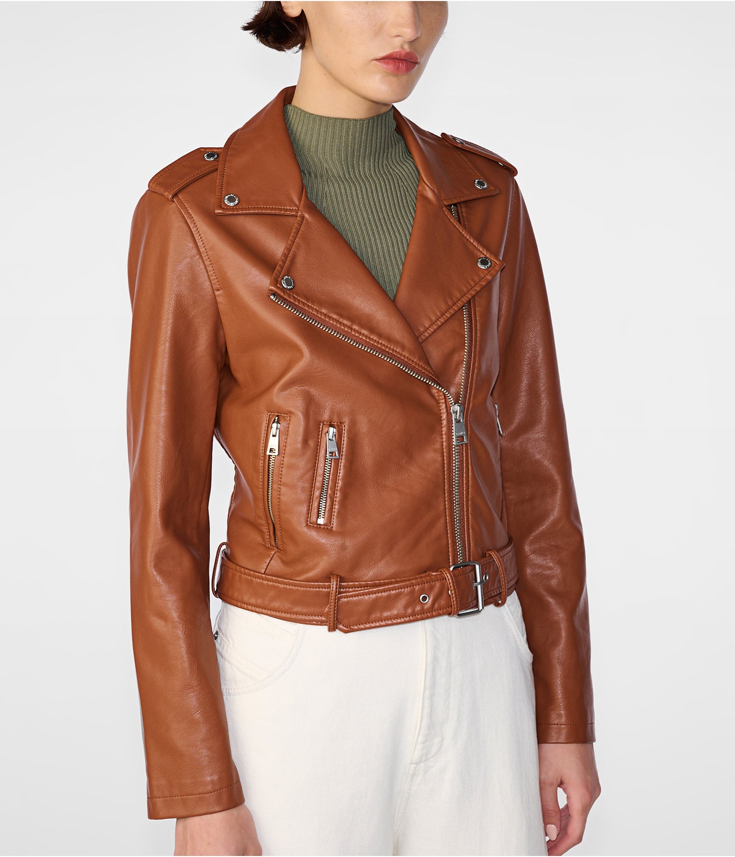 Women's Biker Leather Jacket In Brown