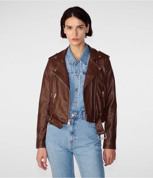 Women's Biker Leather Jacket In Chocolate Brown