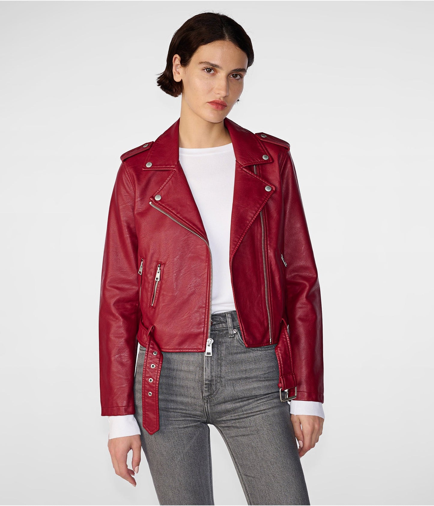 Women's Biker Leather Jacket In Wine Red