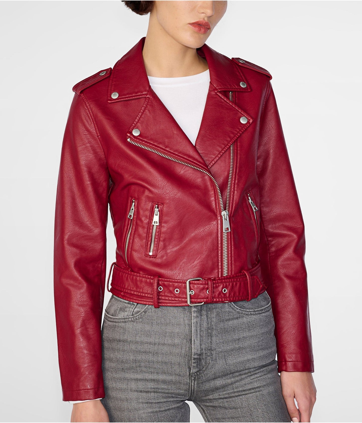 Women's Biker Leather Jacket In Wine Red