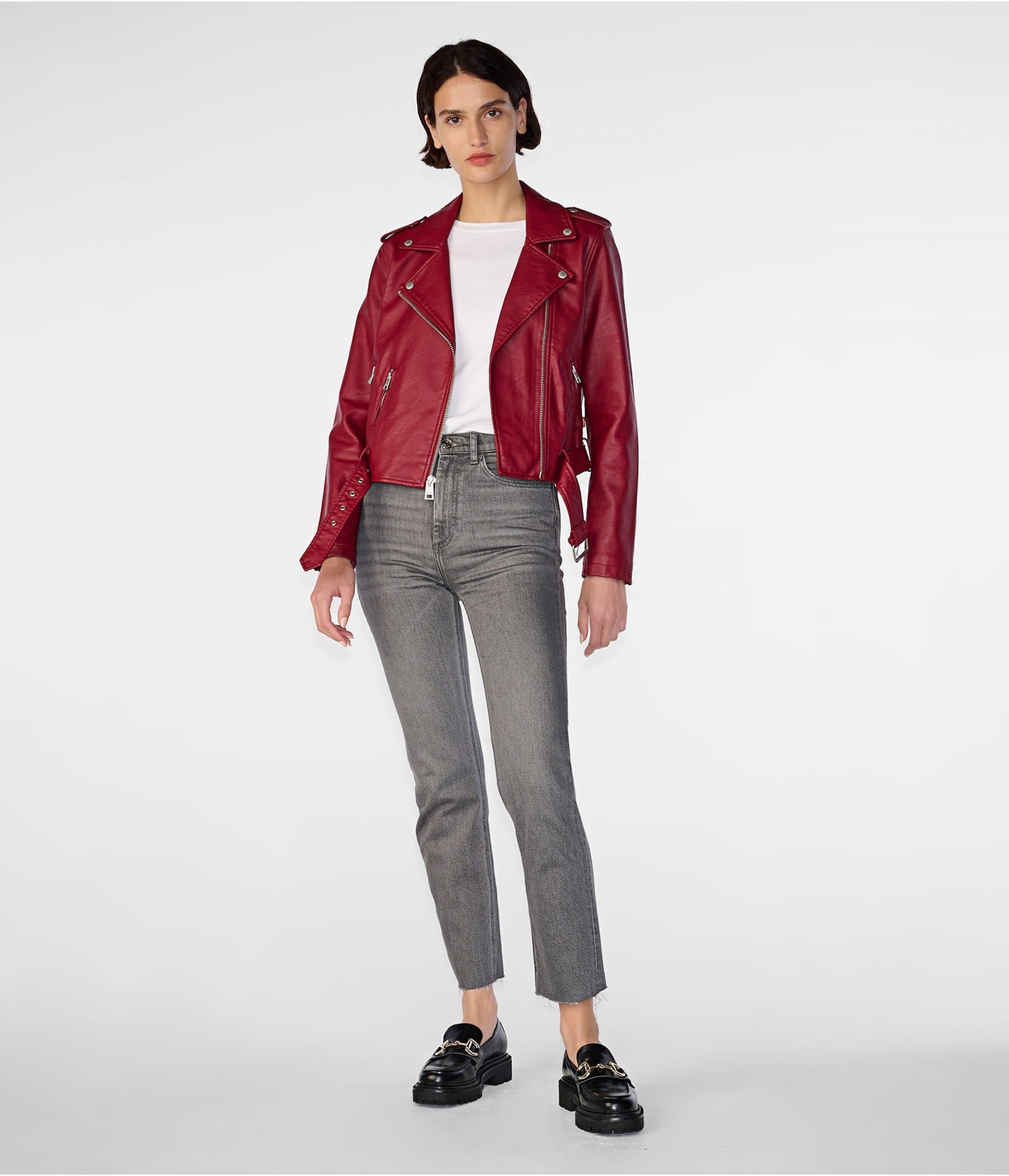 Women's Biker Leather Jacket In Wine Red