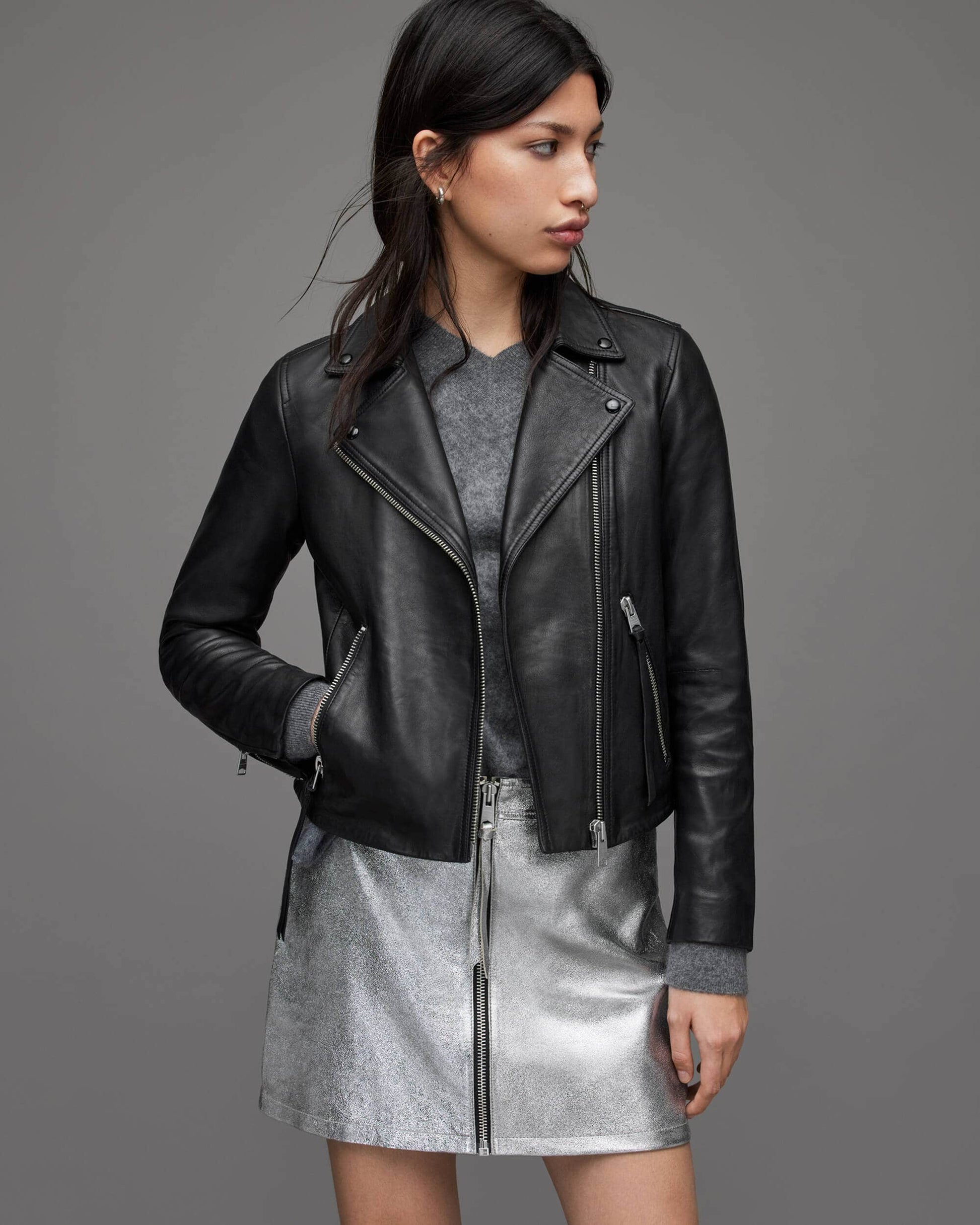 Women's Black Leather Biker Jacket With Belt