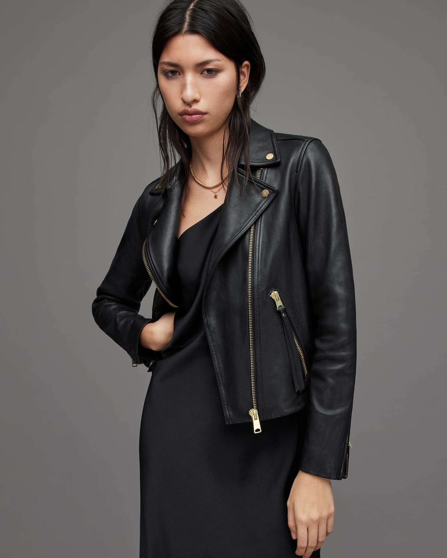 Women's Black Leather Biker Jacket With Gold Tone Zippers