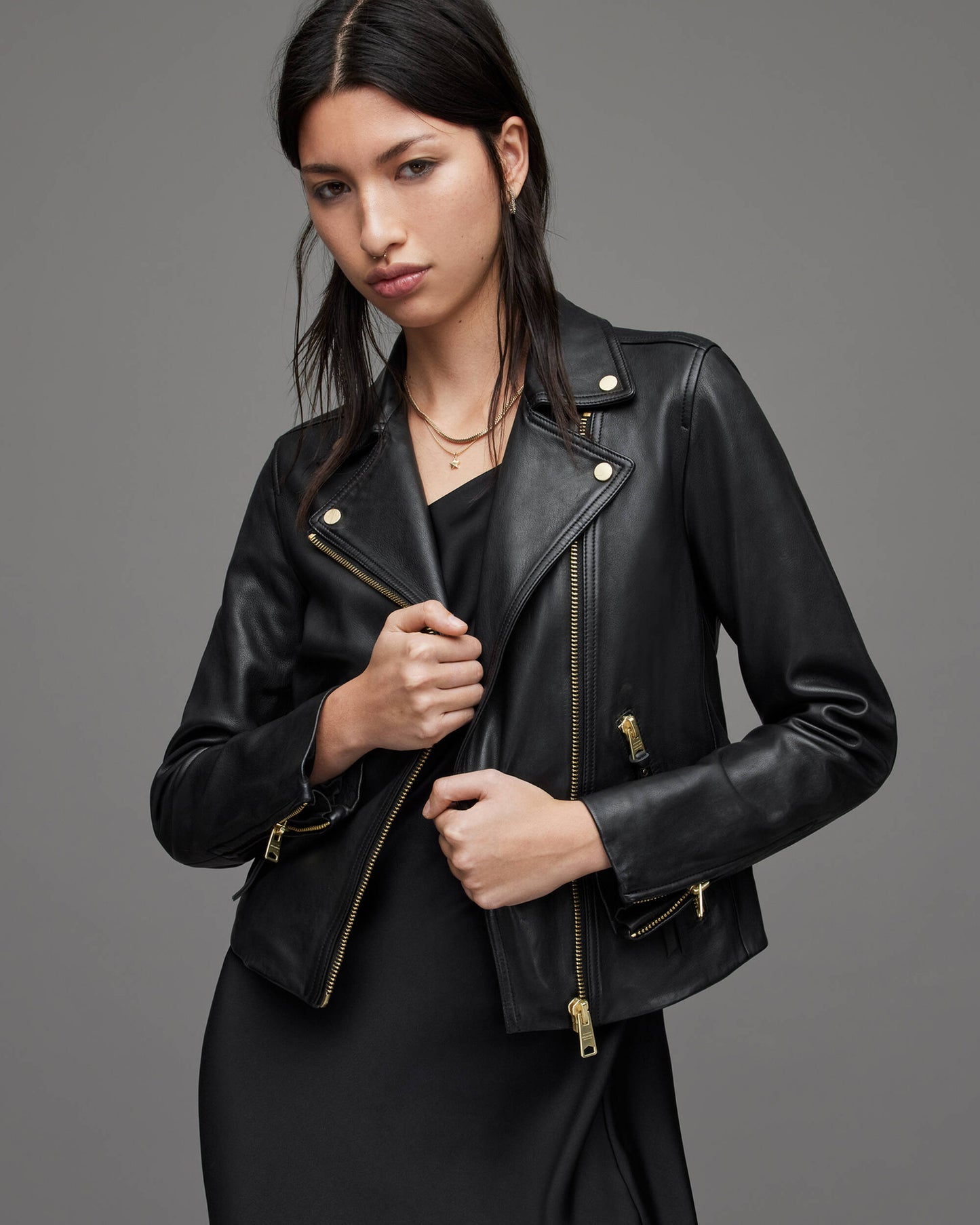 Women's Biker Leather Jacket Black Gold Zipper