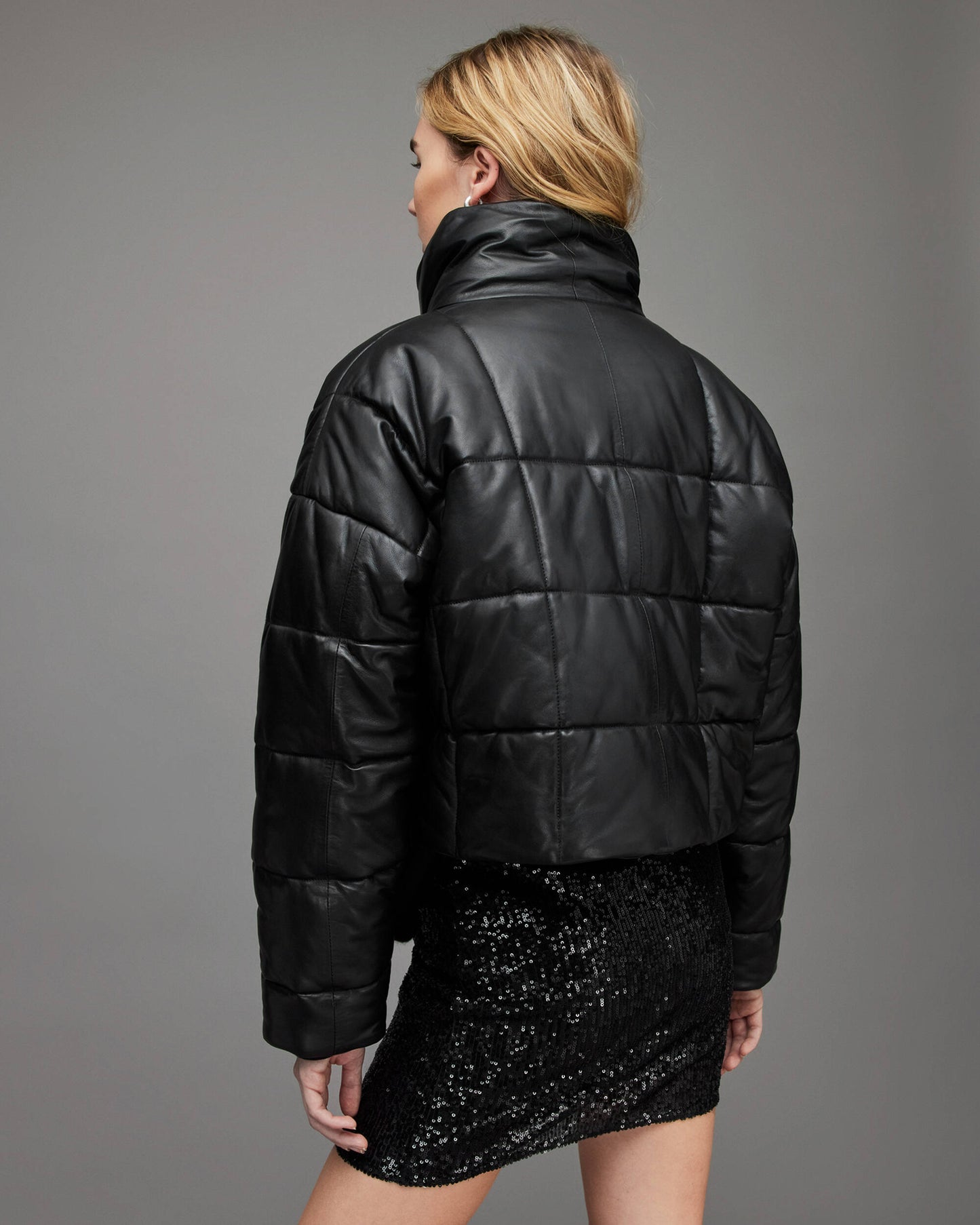 Women's Black Puffer Leather Jacket With Turtle Neck