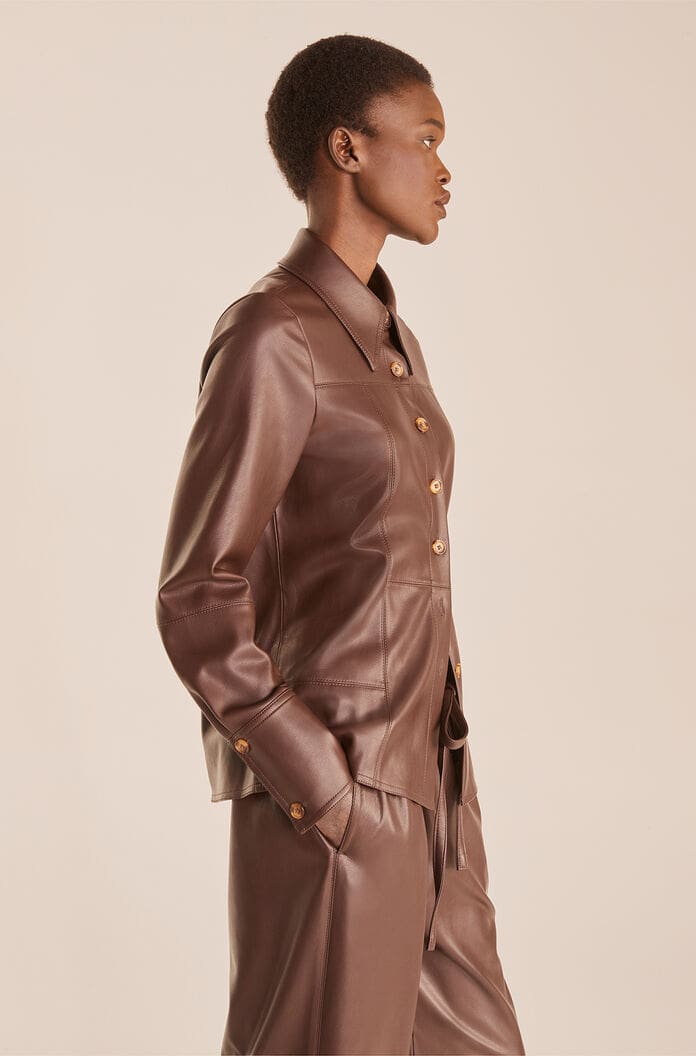 Women's Chocolate Brown Leather Shirt With Gold Buttons