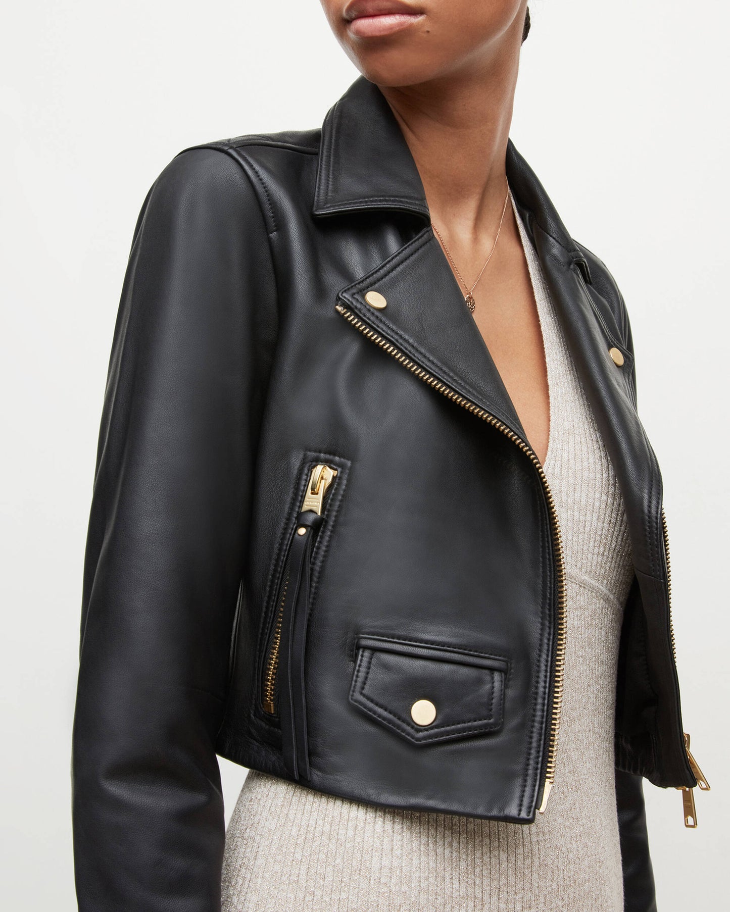 Women's Cropped Biker Leather Jacket In Black