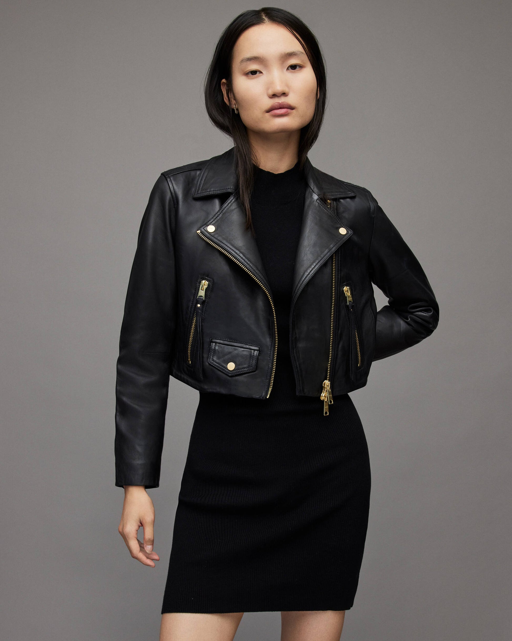 Women's Cropped Leather Biker Jacket In Black