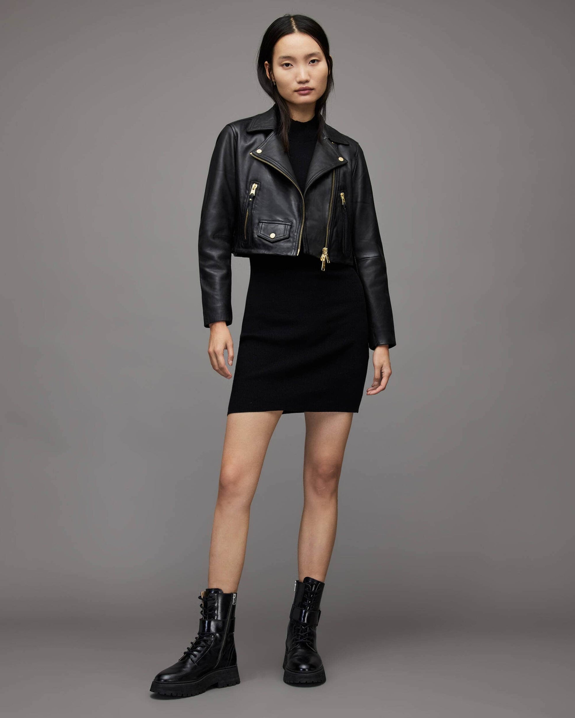 Women's Cropped Leather Biker Jacket In Black