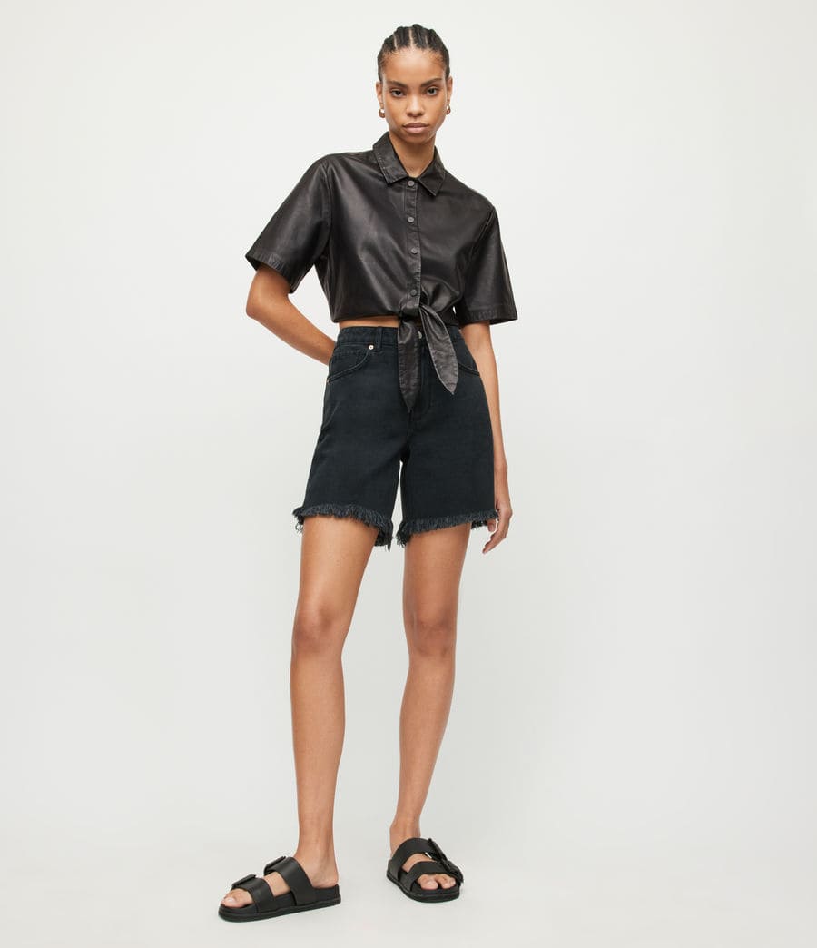 Women's Cropped Leather Shirt In Black