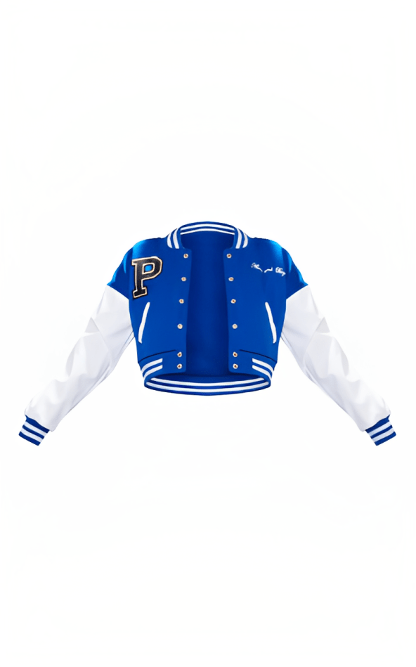 Women's Cropped Varsity Bomber Leather Jacket In Blue