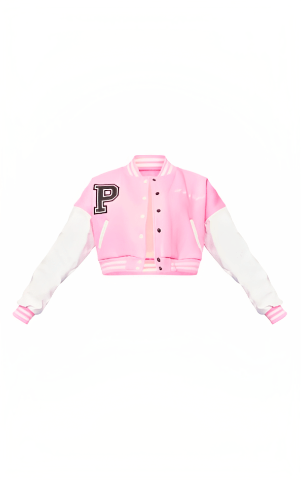 Women's Cropped Varsity Bomber Leather Jacket In Pink