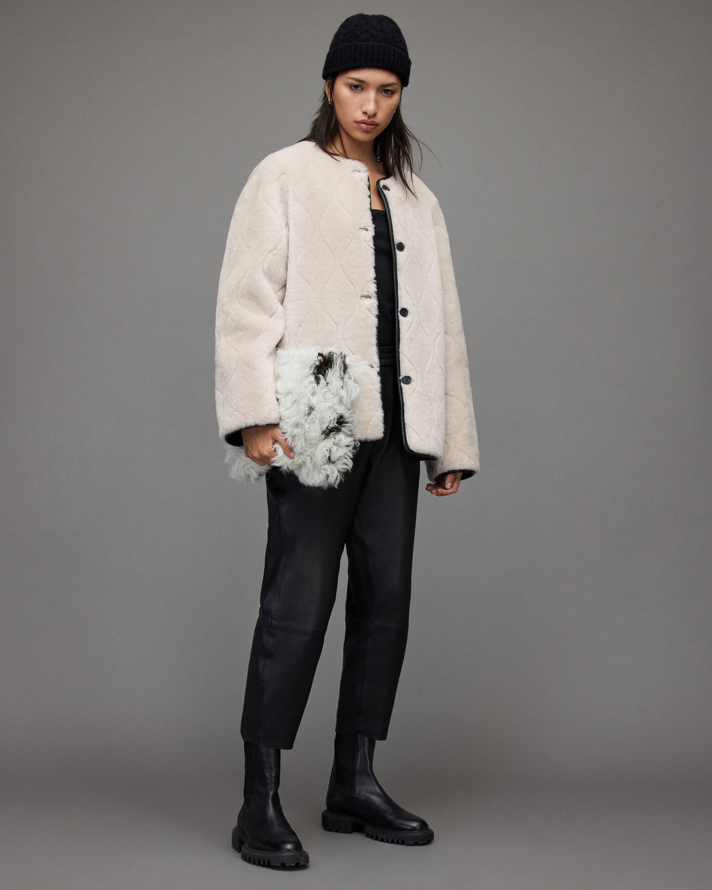 Women's Double Sided Black Leather & White Shearling Jacket