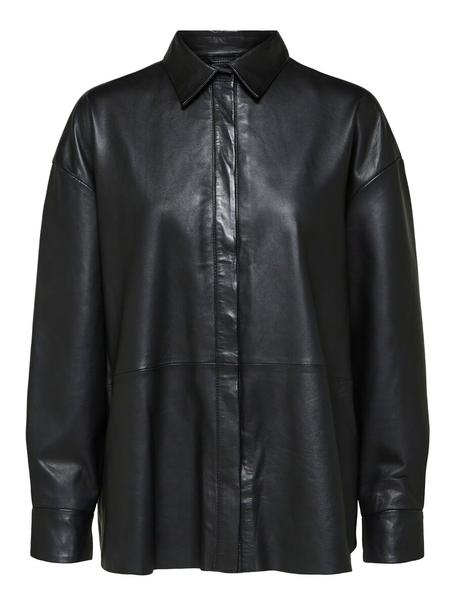 Women's Full Sleeve Leather Shirt In Black