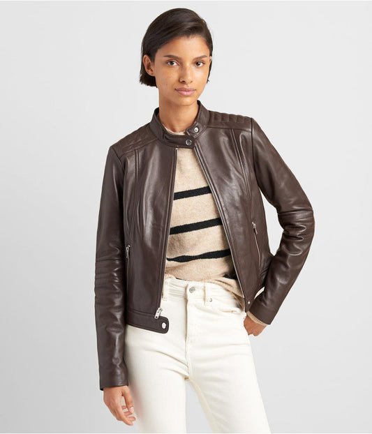 Women's Leather Biker Jacket In Chocolate Brown