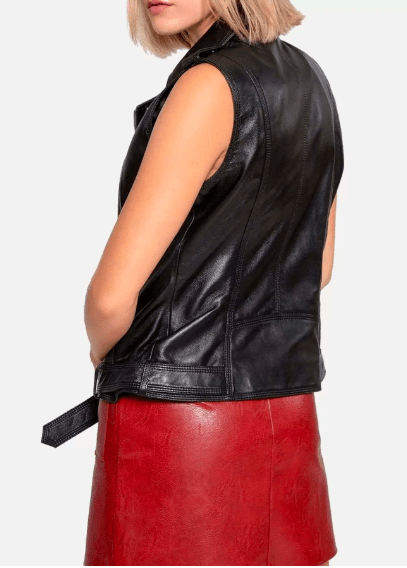 Women's Leather Biker Vest In Black With Belt