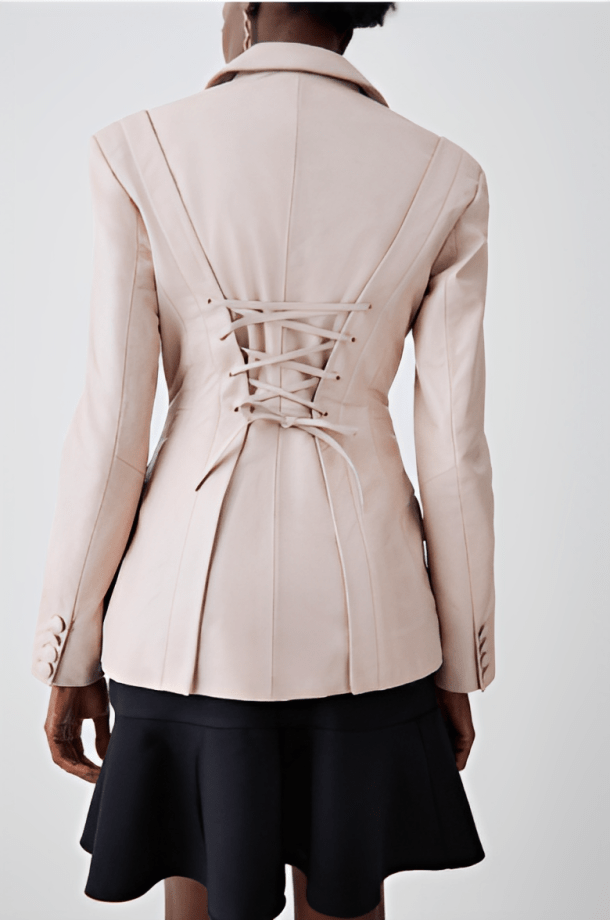 Women's Leather Blazer In Beige With Corset Waist