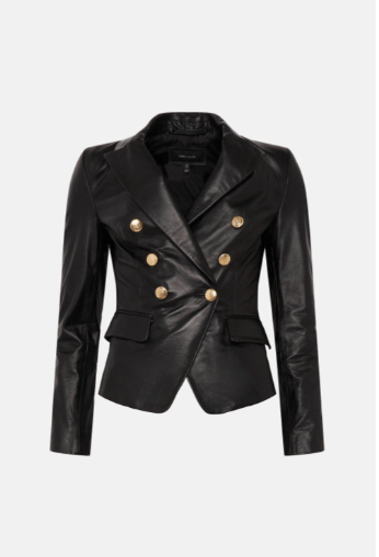 Women's Leather Blazer In Black With Golden Buttons