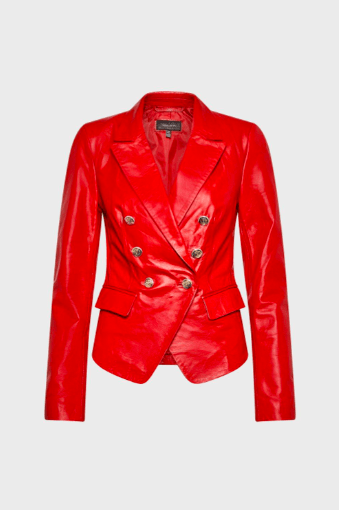 Women's Leather Blazer In Red With Golden Buttons