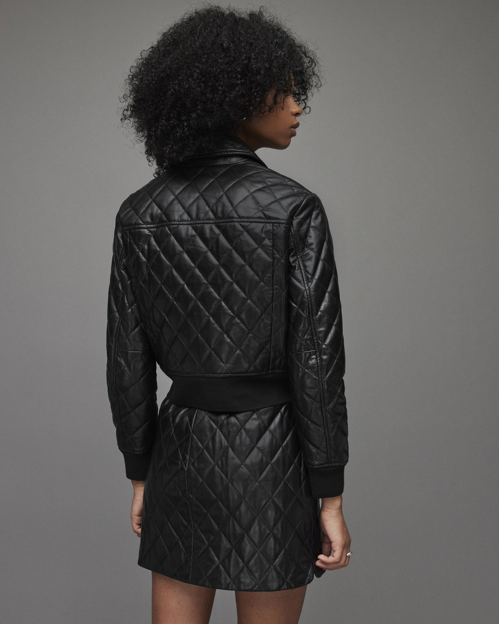 Women's Quilted Leather Bomber Jacket In Black