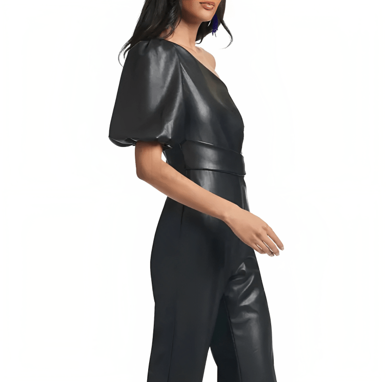 Women's Leather Jumpsuit In Black With Elegant Flared Shoulder