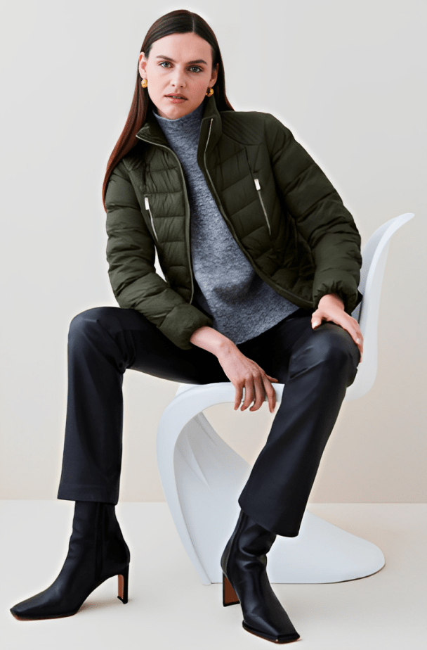 Women's Puffer Jacket In Khaki With Belt