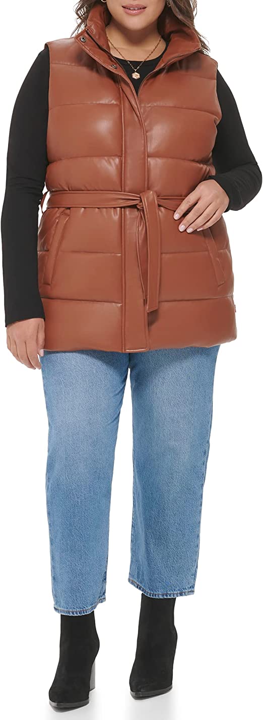 Women's Puffer Leather Vest In Chocolate Brown With Belt