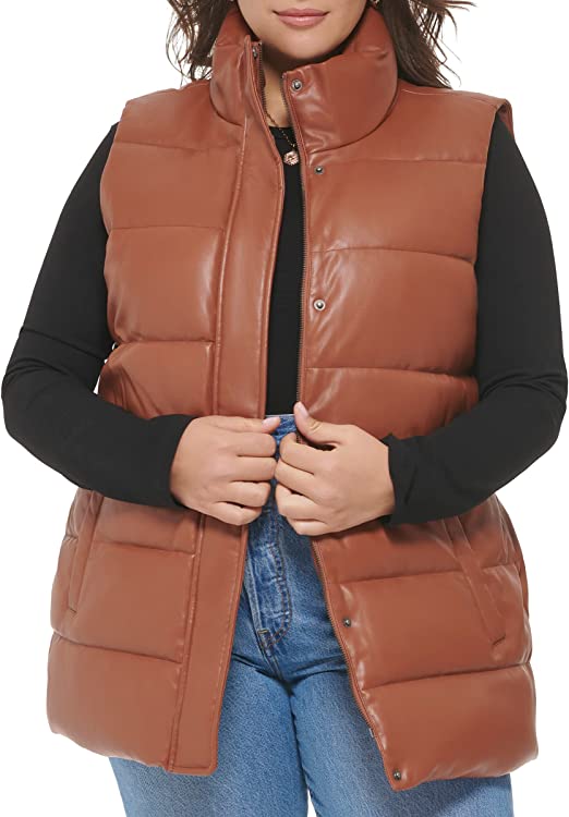 Women's Puffer Leather Vest In Chocolate Brown With Belt