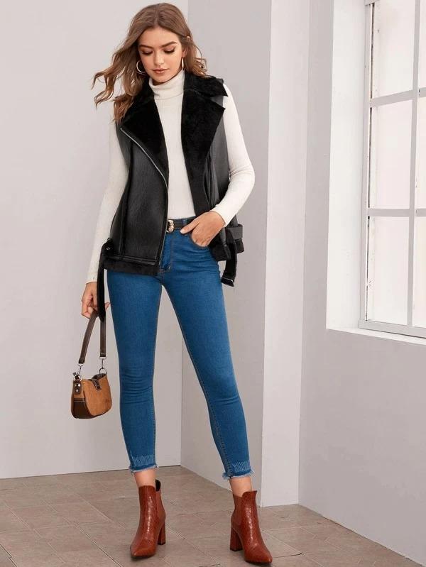 Women's Shearling Biker Leather Vest In Black